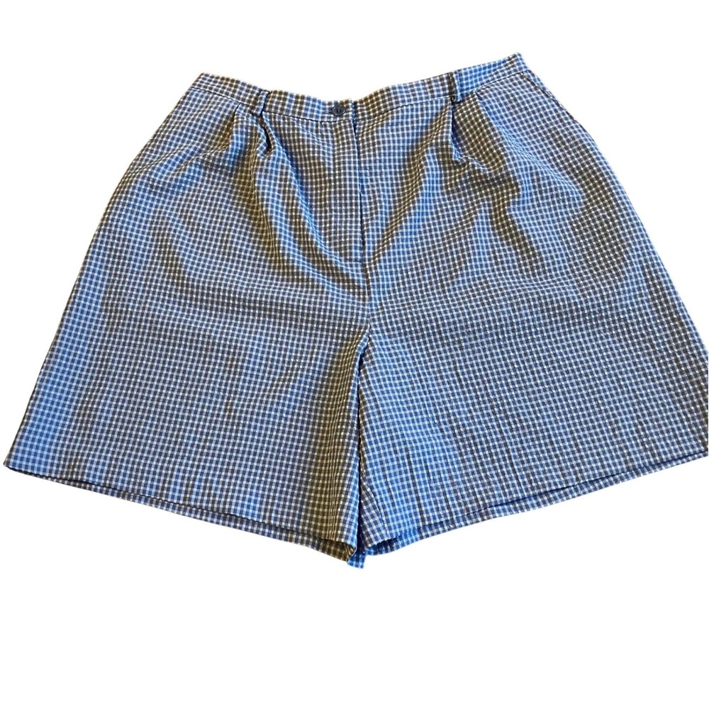 Vtg Gingham Plaid Shorts Womens 18 Blue Pleated High Rise Retro Grandmillennial